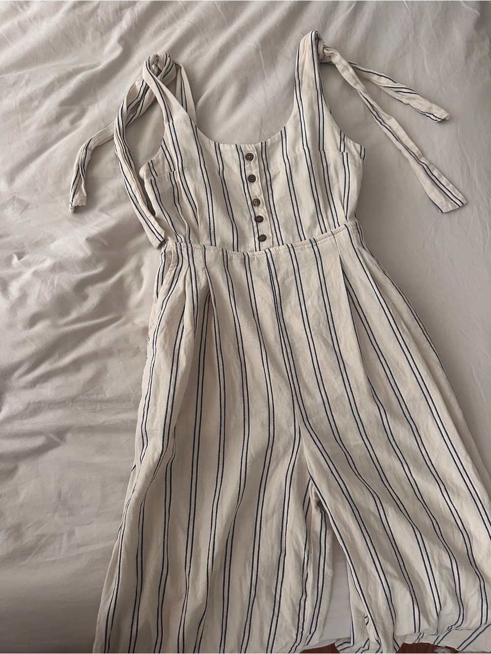 Free People Cream and Navy Striped Tie-Shoulder Jumpsuit